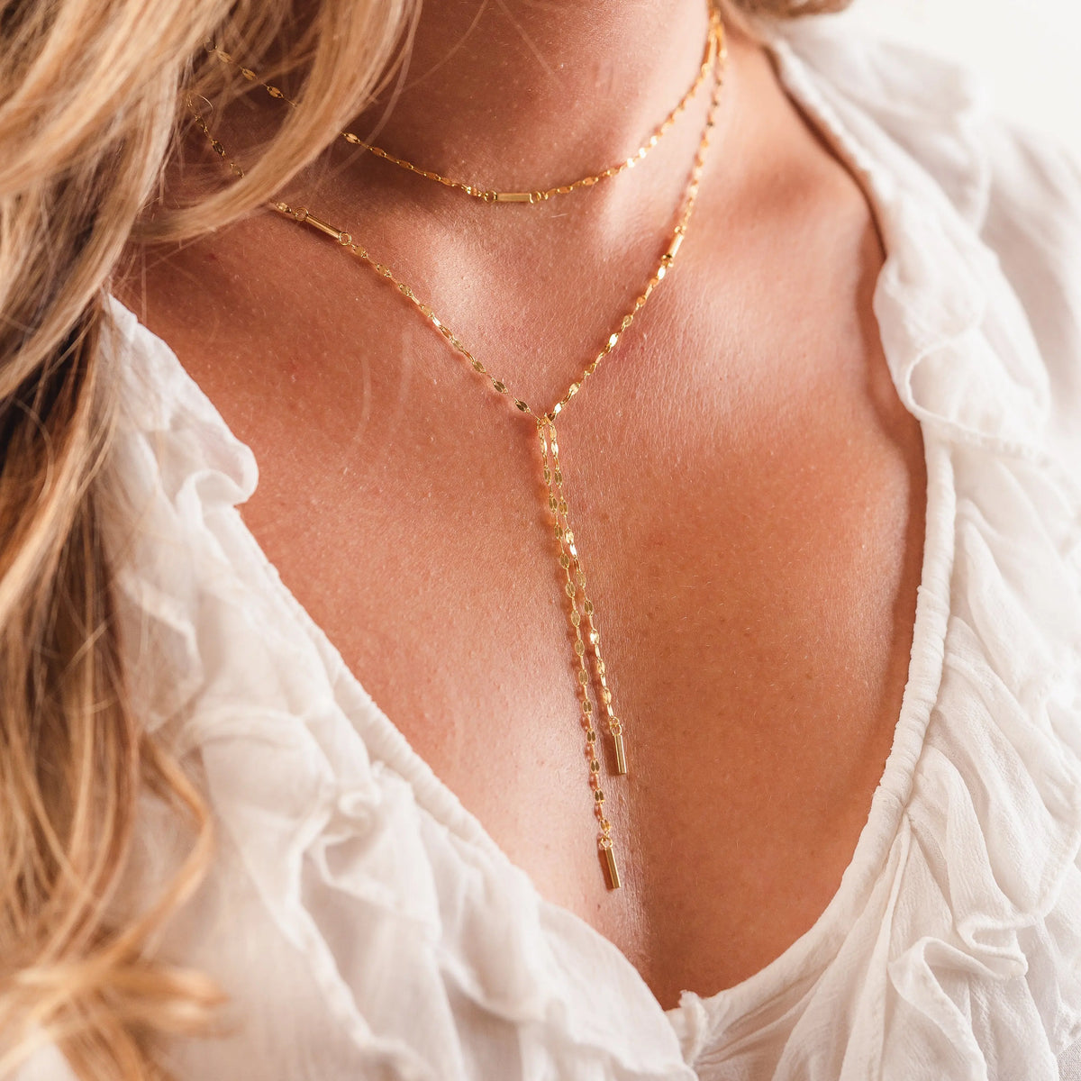 Hammered Bar Layered Choker Dangle Necklace 14K Yellow - The Diamond Shoppe